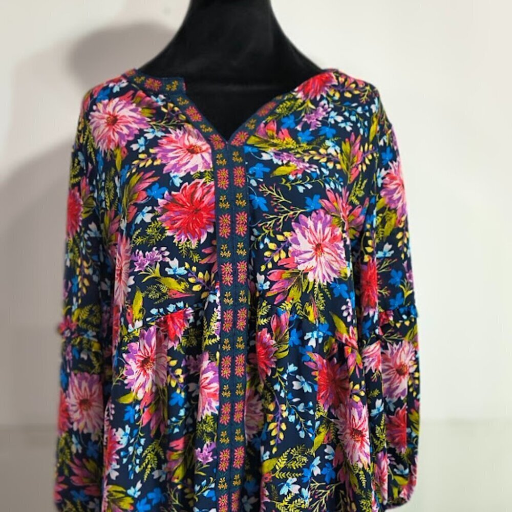 The Pioneer Woman 3/4 Sleeve V Neck Floral Blouse Top Women's Size Large - Picture 3 of 11